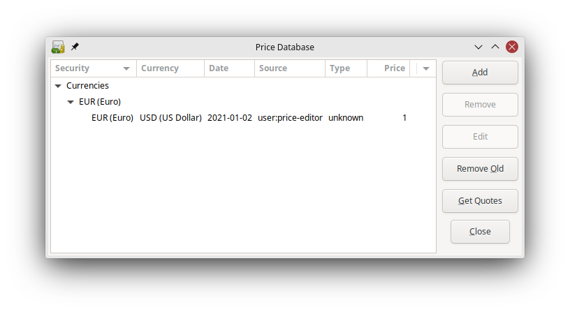 The Price Database window after setting the exchange rate between Euros and US Dollars