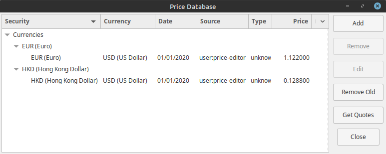 The Price Database initial entries