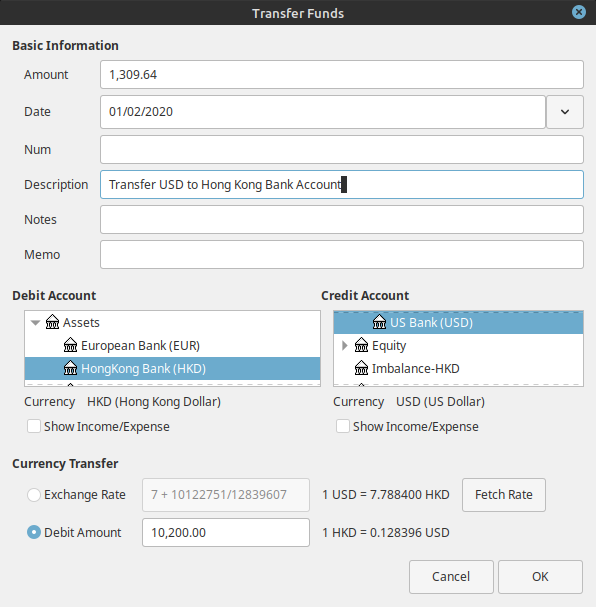 Transfer dialog to create transactionfor transfer from USD to HKD