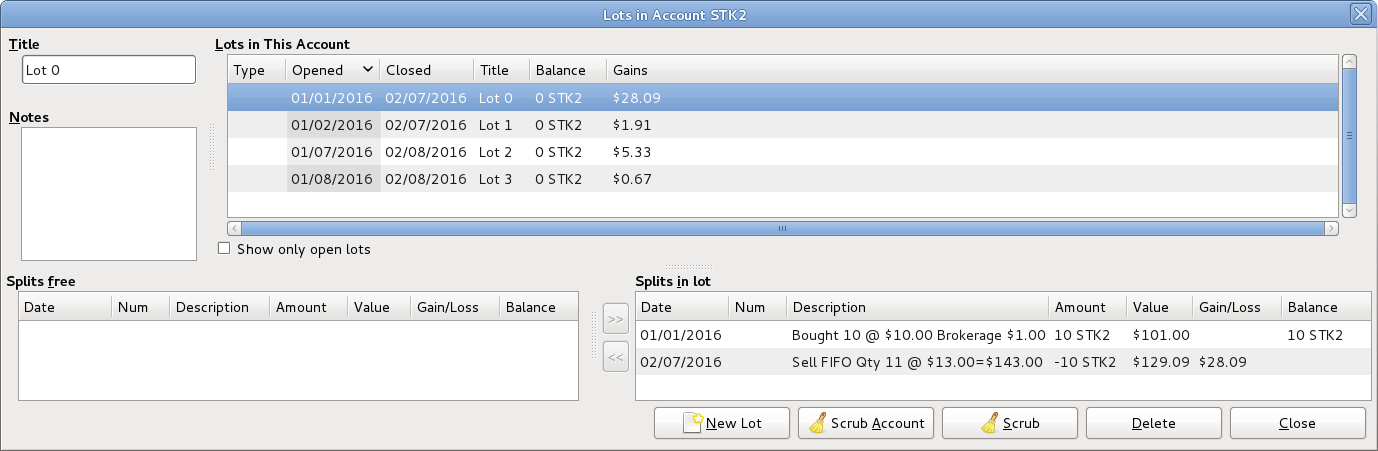 Example of Lots in Account window after using Scrub Account