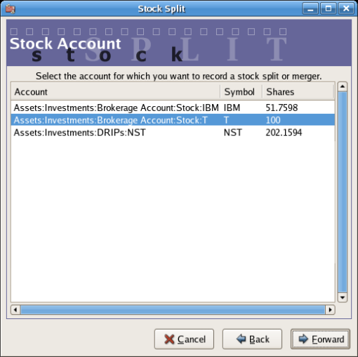 Selection Of A Stock Account In The “Stock Split” Assistant—Moderate