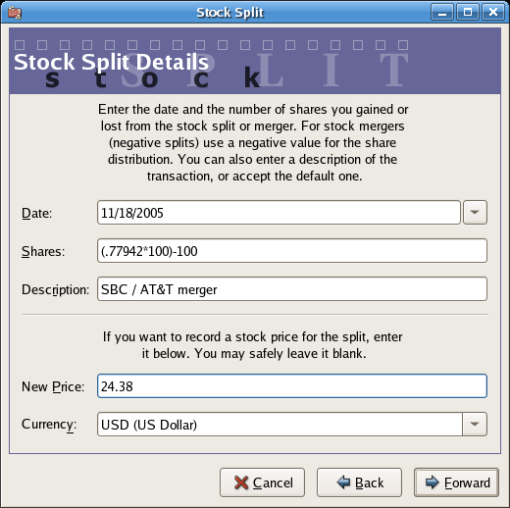 An image of the stock split assistant at step 3.