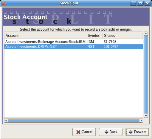 An image of the stock split assistant at step 2 - Selection of Account/Stock.