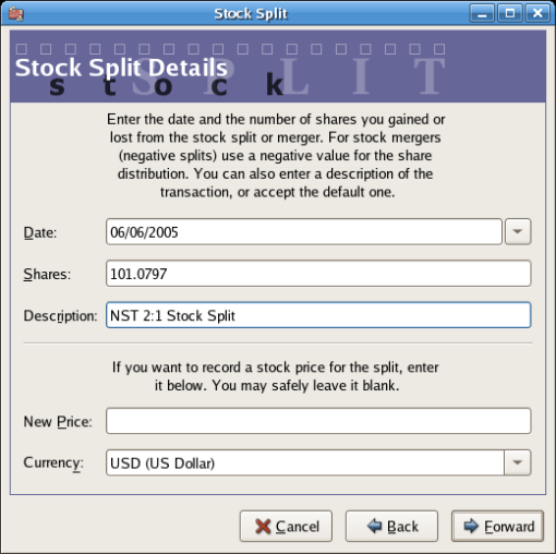 Split Details In The “Stock Split” Assistant