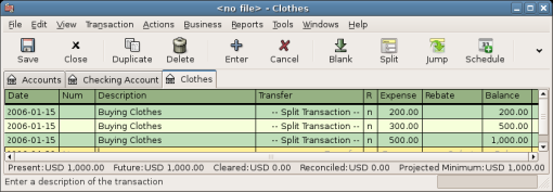 Purchase Of 3 Jeans In Expenses:Clothes Account In Basic Ledger Mode