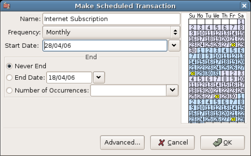 Filling in data to a scheduled transaction