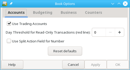 The Book Options window, Accounts tab