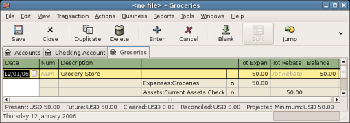 View of a Basic Transaction in Expenses:Groceries