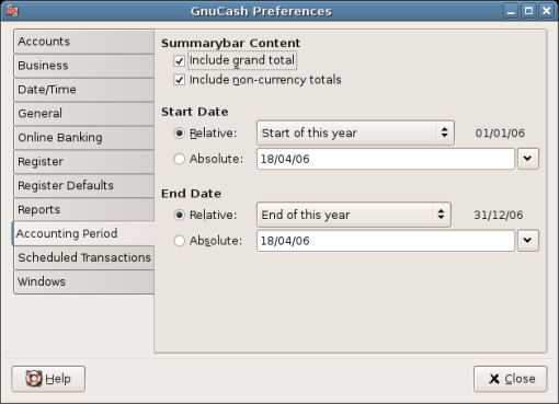 GnuCash Preferences - Accounting Period