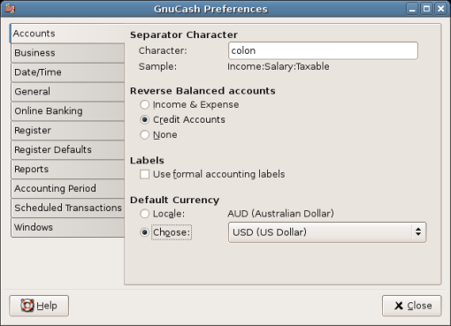 GnuCash Preferences - Accounts