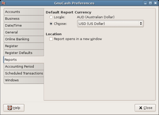 GnuCash Preferences - Reports