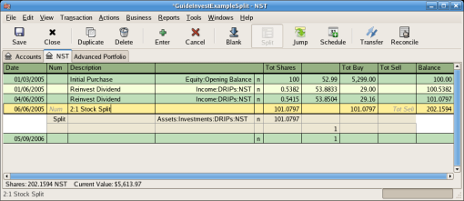 Example of simple stock split transaction in the stock's register