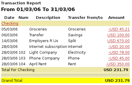 Transaction Report for the Checking account during
                March