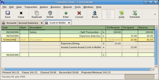 Account Register screen