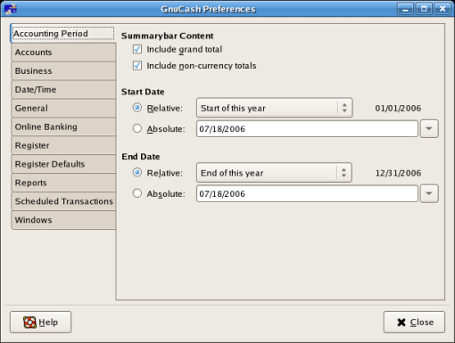 Accounting Period Preferences screen