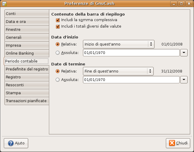 Schermata delle preferenze del periodo contabile