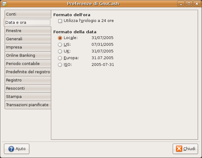Schermata delle preferenze di data e ora
