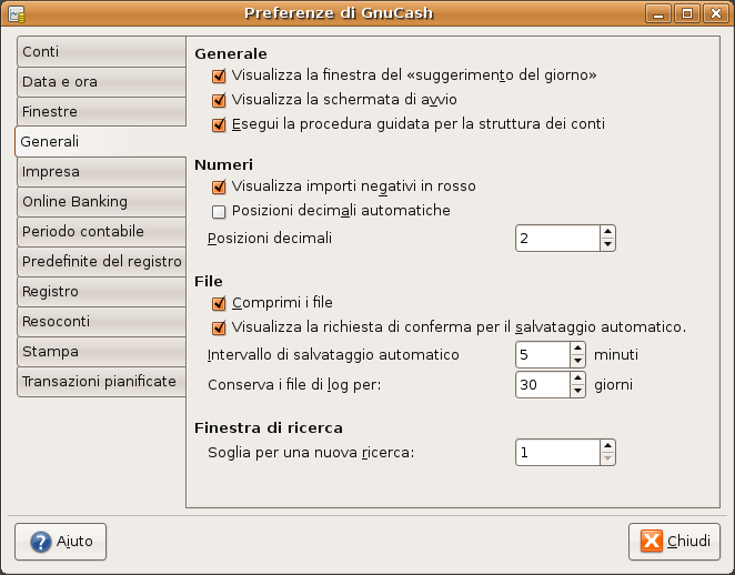 Schermata delle preferenze generali