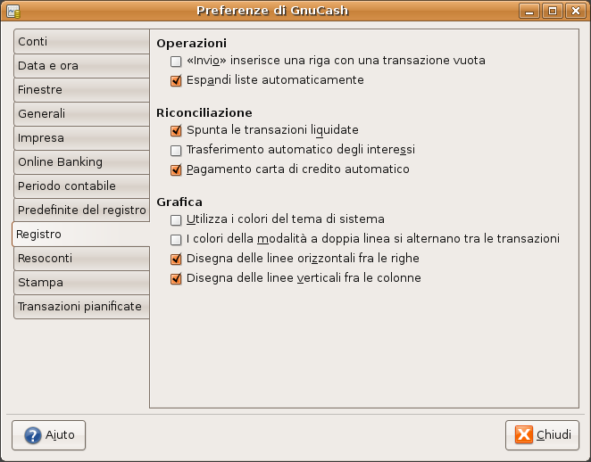 Schermata delle preferenze del registro