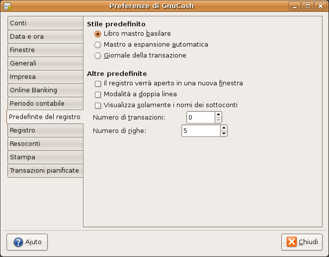 Schermata delle preferenze predefinite del registro