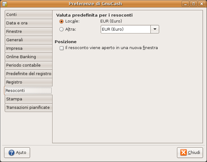 Schermata delle preferenze dei resoconti