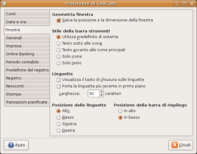Schermata delle preferenze delle finestre