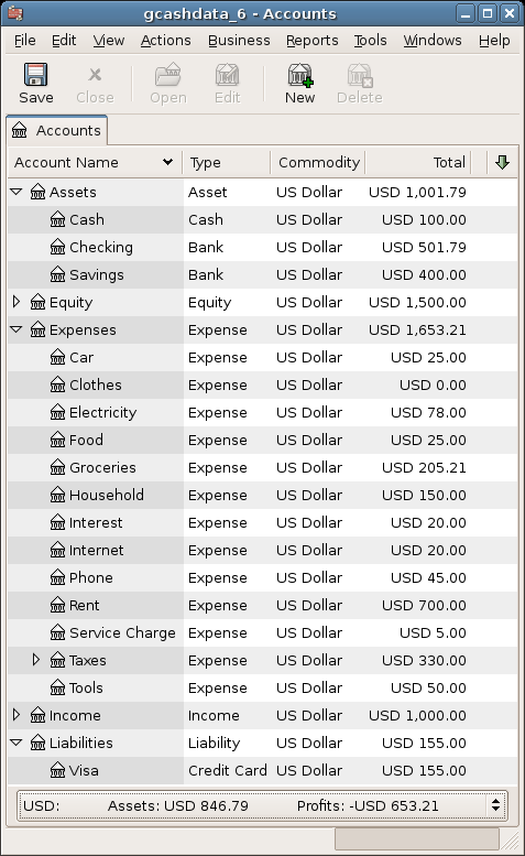 GnuCash main window