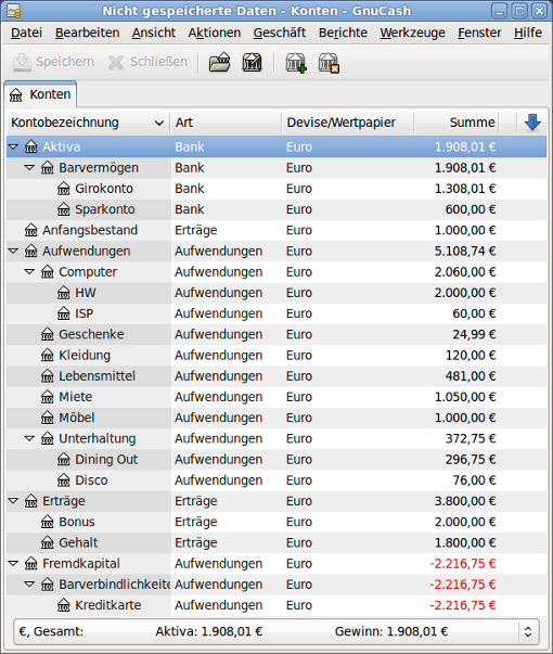 Kontenübersicht nach dem Import der Datei gnc_sample_QIF.qif