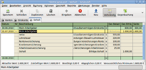 Eine mehrteilige Gehaltsbuchung