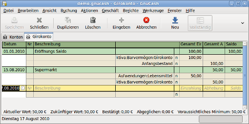 Vollständige Ansicht einer einfachen Buchung