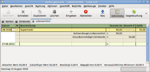 Ansicht einer einfachen Buchung in Aufwendungen:Lebensmittel