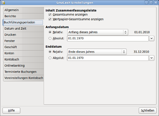 GnuCash Einstellungen - Buchführungsperiode