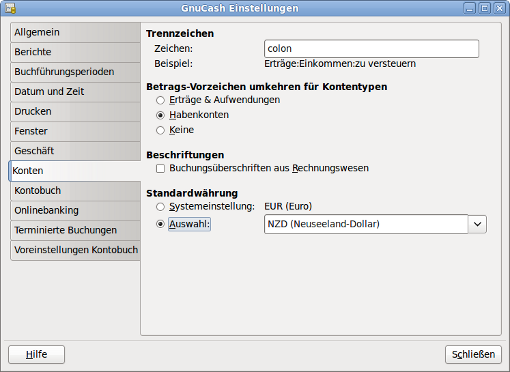GnuCash Einstellungen - Konten