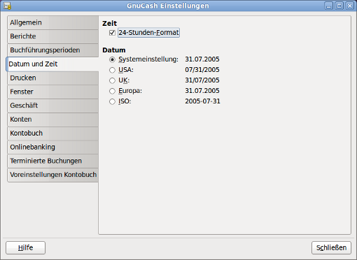 GnuCash Einstellungen - Datum und Zeit