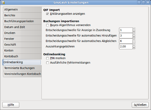 GnuCash Einstellungen - Onlinebanking