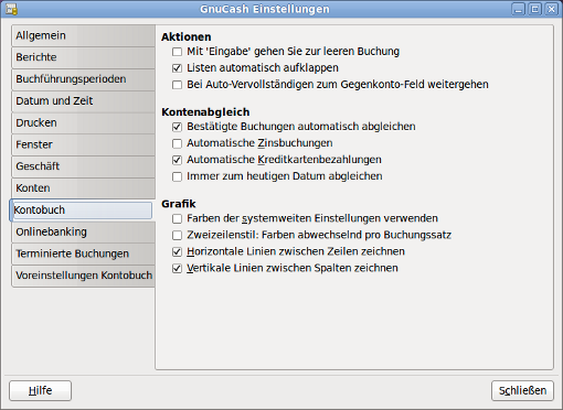 GnuCash Einstellungen - Kontobuch