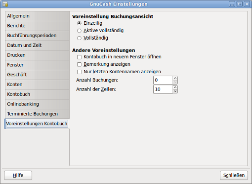 GnuCash Einstellungen - Voreinstellungen Kontobuch