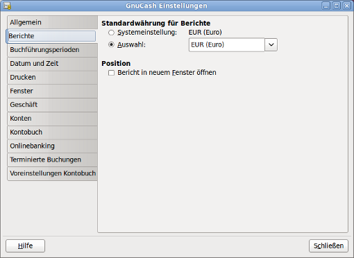 GnuCash Einstellungen - Berichte