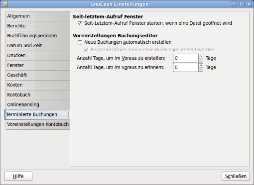 GnuCash Einstellungen - Terminierte Buchungen