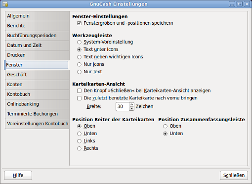 GnuCash Einstellungen - Fenster