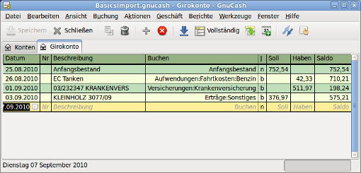 Kontobuch nach Import der Daten aus Beispiel 2.1, „gnc_sample_csv.csv“