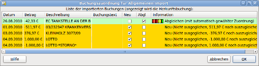 Fenster Buchungszuordnung für Allgemeinen Import