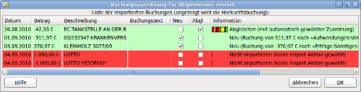 Fenster Buchungszuordnung für Allgemeinen Import