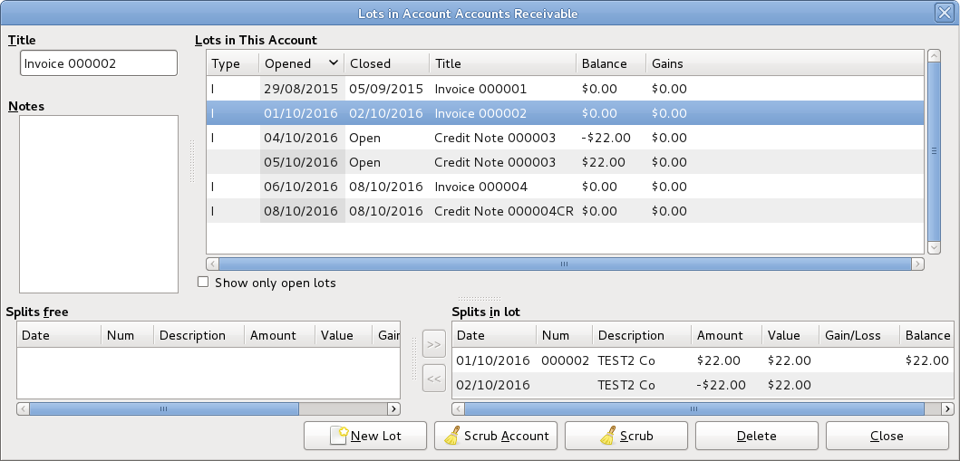 Example of Lots in Account window for an Accounts Receivable account