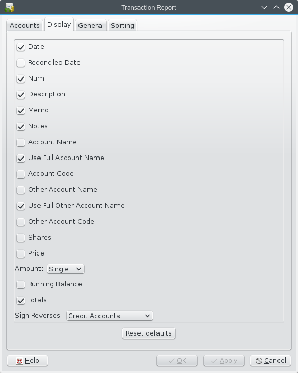 Transaction Report, Report Options screen