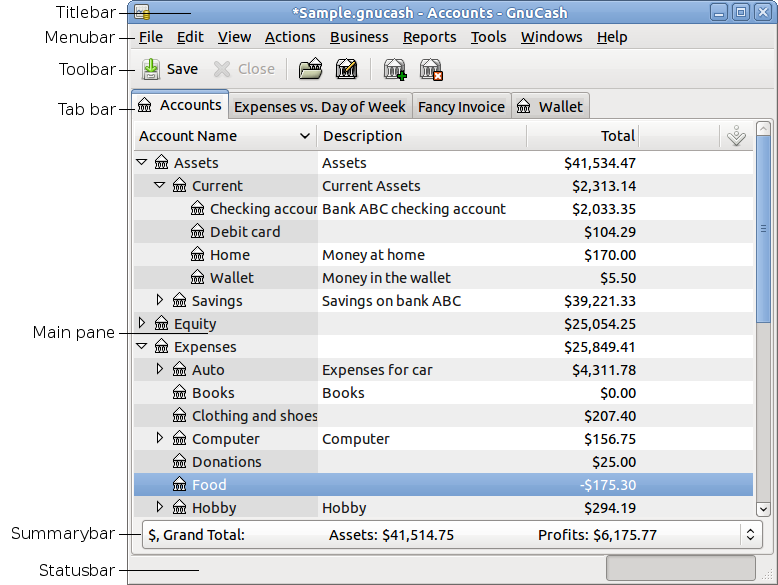 GnuCash main window parts