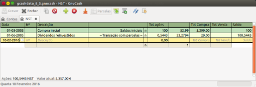 Exemplo de transações de reinvestimento