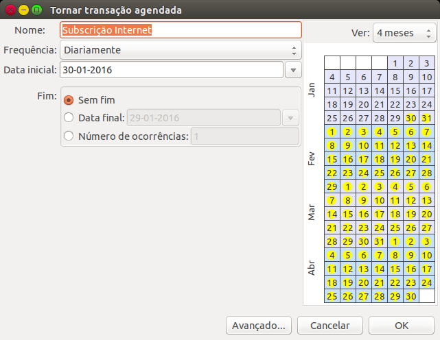 Terceiro passo para criar a transação agendada a partir do diário