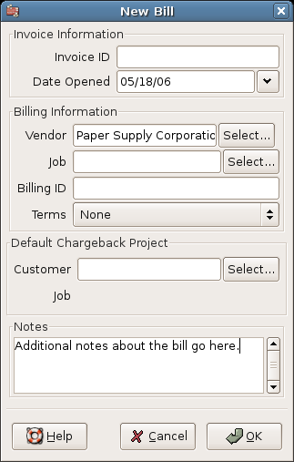 New Bill Registration Window