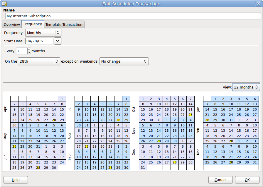 Editor transazioni pianificate window, Frequenza tab